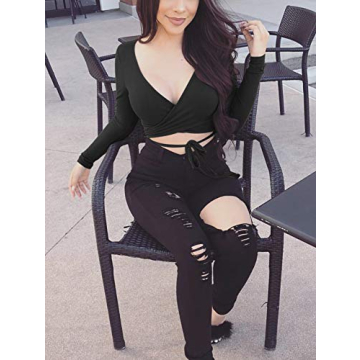 Stylish SINRGAN Women's Deep V Neck Crop Top - Black