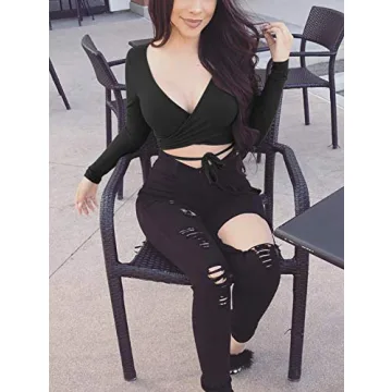 Stylish SINRGAN Women's Deep V Neck Crop Top - Black