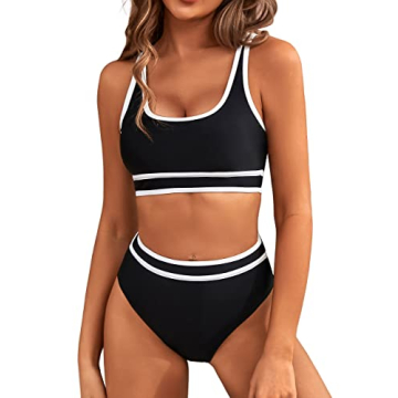 BMJL Women's Color Block High Waisted Cheeky Bikini Set - Sporty Two Piece (M, Black)