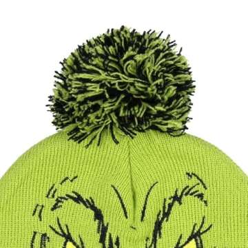 Bioworld Dr. Seuss The Grinch Who Stole Christmas Pom Beanie Hat Embroidered Character,Green,One Size