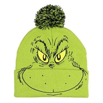 Bioworld Dr. Seuss The Grinch Who Stole Christmas Pom Beanie Hat Embroidered Character,Green,One Size