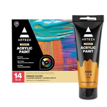 ARTEZA Acrylic Paint Set of 14 Colors, 4.06 Ounce Tubes, Non-Toxic Acrylic Artist Paints. Art Suppli...