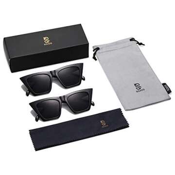 SOJOS 2 Pack Oversized Square Cateye Polarized Sunglasses Big Trendy Style Sunnies SJ2115, Black & Black