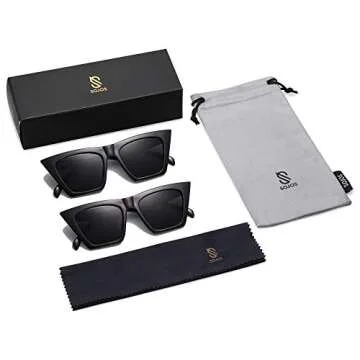 SOJOS 2 Pack Oversized Square Cateye Polarized Sunglasses Big Trendy Style Sunnies SJ2115, Black & Black