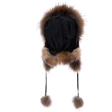 Real Fur Hat for Women - Fox and Raccoon Fur, Warm Trapper Style with Pom and Nylon Exterior