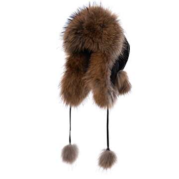 Real Fur Hat for Women - Fox and Raccoon Fur, Warm Trapper Style with Pom and Nylon Exterior