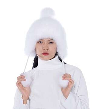Real Fur Hat for Women - Fox and Raccoon Fur, Warm Trapper Style with Pom and Nylon Exterior