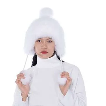 Real Fur Hat for Women - Fox and Raccoon Fur, Warm Trapper Style with Pom and Nylon Exterior
