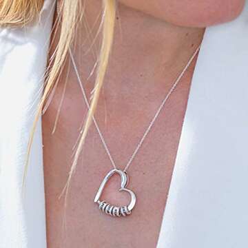 Personalized Charming Linda Heart Necklace with Engraved Beads - Dainty Gift for Mom, Her, Women - Custom Jewelry for Mother's Day, Christmas, Birthday, Valentine's Day (Without Diamond, Sterling Silver)