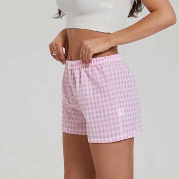NUFIWI Women Y2k Pajamas Shorts Gingham Cute Pj Short Pants Plaid Lounge Shorts Sleep Bottoms Elastic Boxers Streetwear(Pink,S)