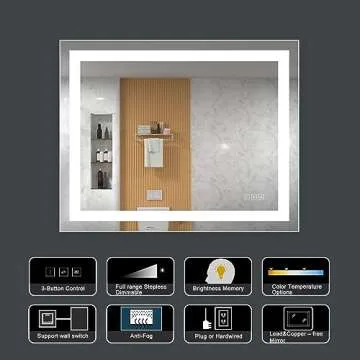 40 x 32 inch LED Lighted Bathroom Mirror, Wall Mounted Dimmable Makeup Vanity Mirror, Tempered Glass Anti-Fog Mirror, 3-Color Adjustable Warm/Natural/White Light, Horizonal & Vertical, ETL Listed