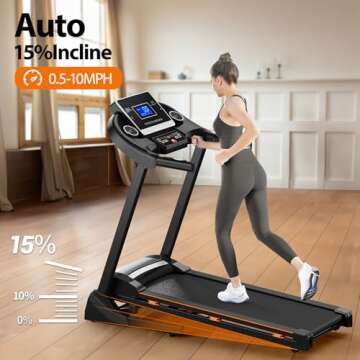 RENESTAR Treadmills for Home, Treadmill with 0-15% Auto Incline, 3HP Folding Treadmill for Running Walking with 300LBS Weight Capacity,Treadmill Equipped with Pulse Monitor (Black)