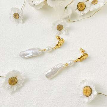 Baroque Keshi Pearls Stud Earring Natural Freshwater Pearls Dangle Earrings Gold Pearl Drop Earrings Jewelry S925 with 14K Gold Plated Modern Eardrop for Women