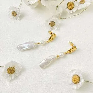 Baroque Keshi Pearls Stud Earring Natural Freshwater Pearls Dangle Earrings Gold Pearl Drop Earrings Jewelry S925 with 14K Gold Plated Modern Eardrop for Women