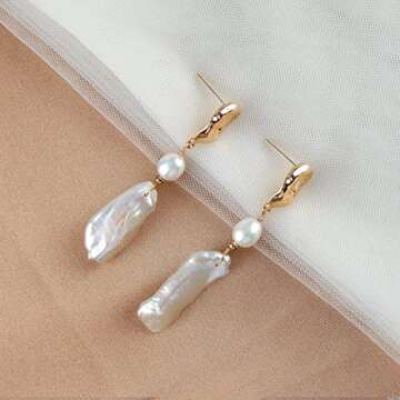 Baroque Keshi Pearls Stud Earring Natural Freshwater Pearls Dangle Earrings Gold Pearl Drop Earrings Jewelry S925 with 14K Gold Plated Modern Eardrop for Women