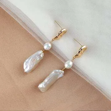 Baroque Keshi Pearls Stud Earring Natural Freshwater Pearls Dangle Earrings Gold Pearl Drop Earrings Jewelry S925 with 14K Gold Plated Modern Eardrop for Women