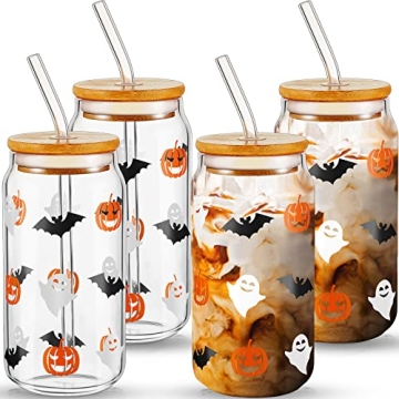 Lallisa 4 Pack Halloween Glass Cups for Iced Coffee