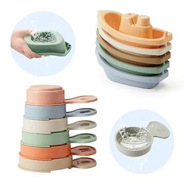AMCHSURI Bath Toys Floating Boats with Bathing Spoon, 11 PCS Bathtub Mold Free Bath Toy for Babies W...