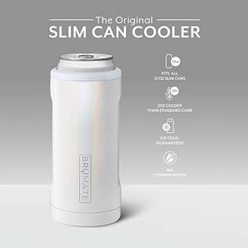 BrüMate Hopsulator Slim Can Cooler Insulated for 12oz Slim Cans | Skinny Can Insulated Stainless Steel Drink Holder for Hard Seltzer, Beer, Soda, and Energy Drinks (Glitter White)