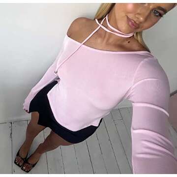 Women Y2k Off Shoulder Long Sleeve Tees Slim Fit Stretchy Top Solid Color Backless Tshirt Fashion Shirts Outfit Medium