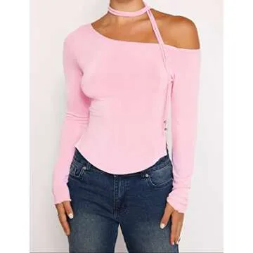Women Y2k Off Shoulder Long Sleeve Tees Slim Fit Stretchy Top Solid Color Backless Tshirt Fashion Shirts Outfit Medium