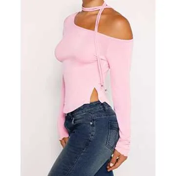 Women Y2k Off Shoulder Long Sleeve Tees Slim Fit Stretchy Top Solid Color Backless Tshirt Fashion Shirts Outfit Medium