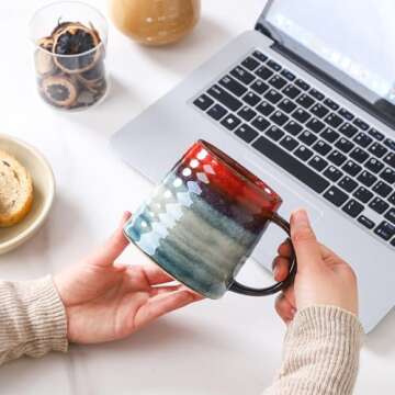 masoline Large Ceramic Coffee Mug, Handmade Pottery Mugs, Tea Cups with Big Handle for Office and Home, 15.5 oz, Dishwasher and Microwave Safe (Grey Black)