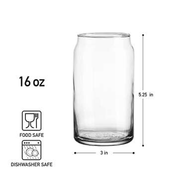 Glaver's Drinking Glasses 4pc Can Shaped Glass Cup Set, 16oz Beer Can Glass Coffee Cups, Cocktail Glasses, Water, Soda, Smoothie, Juice, Can Glasses. Dishwasher Safe
