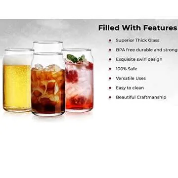 Glaver's Drinking Glasses 4pc Can Shaped Glass Cup Set, 16oz Beer Can Glass Coffee Cups, Cocktail Glasses, Water, Soda, Smoothie, Juice, Can Glasses. Dishwasher Safe