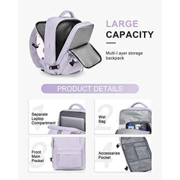 VECAVE Carry On Backpack for Women,Large Travel Backpack Flight Approved,Waterproof 17 Inch Laptop Backpack Business Work Backpacks Men Mochila De Viaje Purple