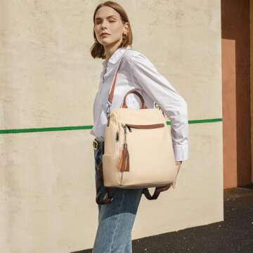 Telena Backpack Purse for Women, PU Leather Anti Theft Travel Backpack Purse Shoulder Bags with Tassel Contrast Creamy White