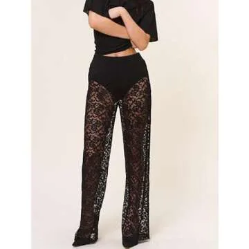 Women Sexy Lace See Through Pants Sheer Mesh Low Waist Stretchy Slim Trouser Hollow Out Skinny Leggings Black