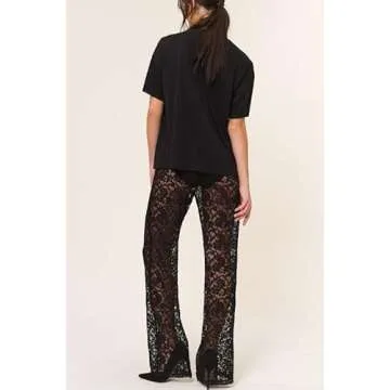 Women Sexy Lace See Through Pants Sheer Mesh Low Waist Stretchy Slim Trouser Hollow Out Skinny Leggings Black