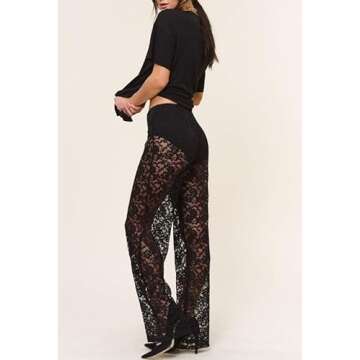 Women Sexy Lace See Through Pants Sheer Mesh Low Waist Stretchy Slim Trouser Hollow Out Skinny Leggings Black
