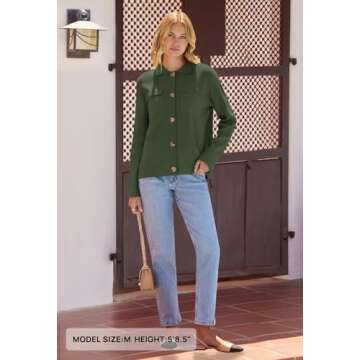 MEROKEETY Women's Long Sleeve Cardigan Sweaters Open Front Button Knit Shacket Jacket with Pockets, ArmyGreen, Large