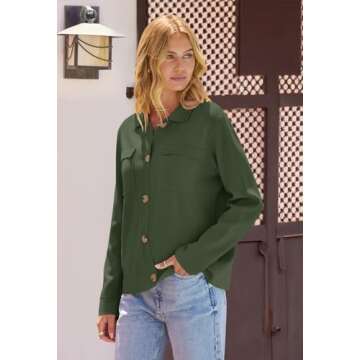 MEROKEETY Women's Long Sleeve Cardigan Sweaters Open Front Button Knit Shacket Jacket with Pockets, ArmyGreen, Large