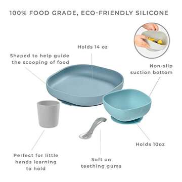 BEABA Silicone 4 Piece Baby Feeding Set, Suction Plates for Baby, Includes Baby Plate, Baby Bowl, Ba...