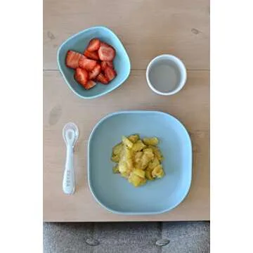 BEABA Silicone 4 Piece Baby Feeding Set, Suction Plates for Baby, Includes Baby Plate, Baby Bowl, Baby Cup, 2nd Stage Silicone Spoon, High Grade Food Safe Silicone, Baby Must Haves, Rain