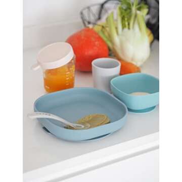 BEABA Silicone 4 Piece Baby Feeding Set, Suction Plates for Baby, Includes Baby Plate, Baby Bowl, Baby Cup, 2nd Stage Silicone Spoon, High Grade Food Safe Silicone, Baby Must Haves, Rain