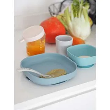 BEABA Silicone 4 Piece Baby Feeding Set, Suction Plates for Baby, Includes Baby Plate, Baby Bowl, Baby Cup, 2nd Stage Silicone Spoon, High Grade Food Safe Silicone, Baby Must Haves, Rain