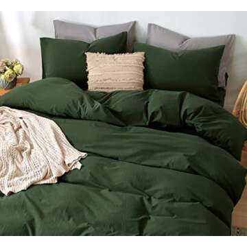 MooMee Bedding Duvet Cover Set 100% Washed Cotton Linen Like Textured Breathable Durable Soft Comfy (Forest Green, King)