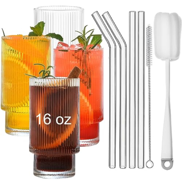 ALINK 16 oz Ribbed Drinking Glassware Set with Straws - Vintage Style for Cocktails, Iced Coffee, an...