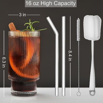 ALINK Vintage Ribbed 16 oz Glassware Set with Straws
