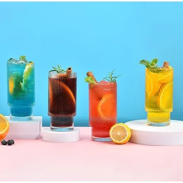 ALINK Vintage Ribbed 16 oz Glassware Set with Straws