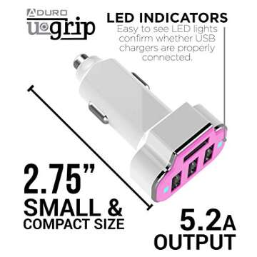 Aduro 4 Port Car Charger USB Adapter, 12V Fast Car Charger USB Adapter Power Station 5.2A/26W Output (Pink)
