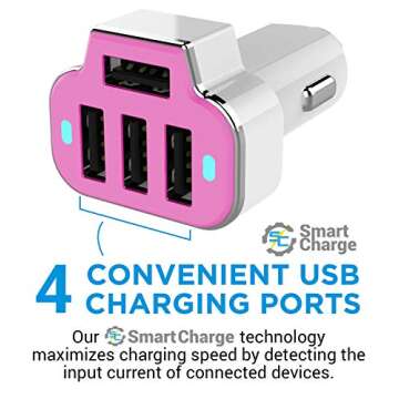 Aduro 4 Port Car Charger USB Adapter, 12V Fast Car Charger USB Adapter Power Station 5.2A/26W Output (Pink)