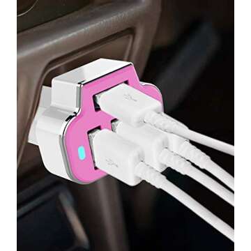 Aduro 4 Port Car Charger USB Adapter, 12V Fast Car Charger USB Adapter Power Station 5.2A/26W Output (Pink)