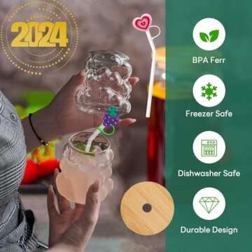 YUHANOER Christmas Glass Cups with Bamboo Lids and Glass Straw&Straw Cover 2pcs Set-12oz Grape Shape...