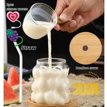YUHANOER Christmas Glass Cups with Bamboo Lids and Glass Straw&Straw Cover 2pcs Set-12oz Grape Shaped Drinking Glasses for Smoothie Cup,Beer,Iced Coffee,Juice glasses,Cocktail,Whiskey Christmas gifts
