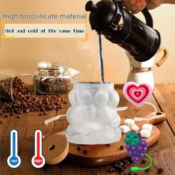 YUHANOER Christmas Glass Cups with Bamboo Lids and Glass Straw&Straw Cover 2pcs Set-12oz Grape Shaped Drinking Glasses for Smoothie Cup,Beer,Iced Coffee,Juice glasses,Cocktail,Whiskey Christmas gifts